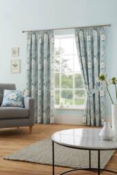 Dreams & Drapes 'Eve' 100% Cotton Floral Pair of Pencil Pleat Curtains With Tie-Backs in Duck Egg Blue - Size: 117 cm width x 137 cm drop - thumbnail 2