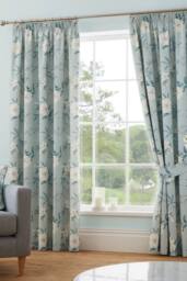 Dreams & Drapes 'Eve' 100% Cotton Floral Pair of Pencil Pleat Curtains With Tie-Backs in Duck Egg Blue - Size: 117 cm width x 137 cm drop - thumbnail 1