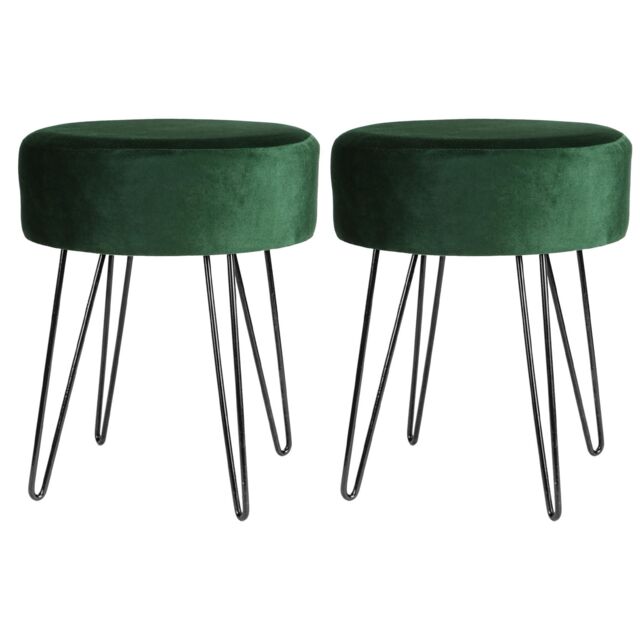 Harbour Housewares Round Velvet Footstools - H40 x D35cm - Black Hairpin Legs - Pack of 2 in Green - image 1