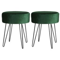 Harbour Housewares Round Velvet Footstools - H40 x D35cm - Black Hairpin Legs - Pack of 2 in Green - thumbnail 1