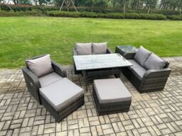 Fimous Lounge Rattan Sofa Set Outdoor Garden Furniture Oblong Rectangular Dining Table With Chairs 2 Big Footstool Side Table 7 Seater in Dark Grey - thumbnail 2