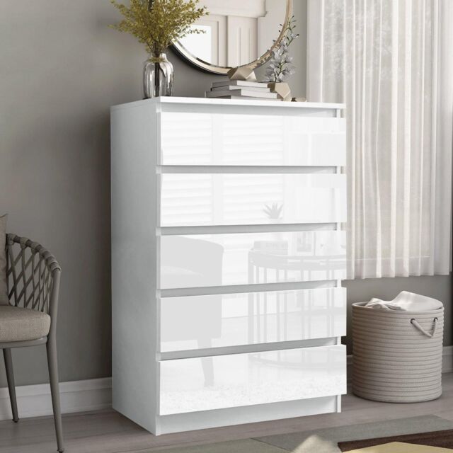 LUXURY LIFE Carlton Gloss Chest of Drawers 5 Drawer Cabinet in White - image 1
