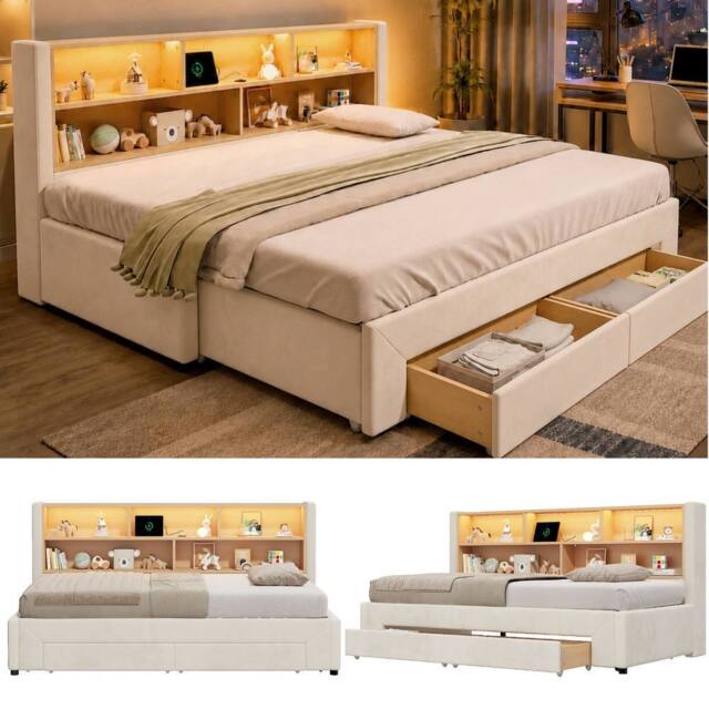 BTM 3FT Pull-Out Velvet Guest Bed LED Storage 90x190 Beige - Size: Single - image 1