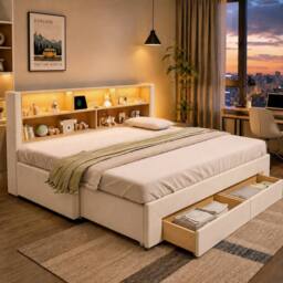 BTM 3FT Pull-Out Velvet Guest Bed LED Storage 90x190 Beige - Size: Single - thumbnail 2