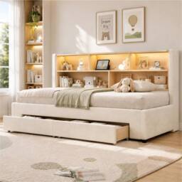 BTM 3FT Pull-Out Velvet Guest Bed LED Storage 90x190 Beige - Size: Single - thumbnail 3