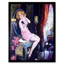 "Artery8 Painting Deco Flapper Woman Candlestick Telephone Framed Art Print in Pink - Size: W12"" x H16""" - thumbnail 1