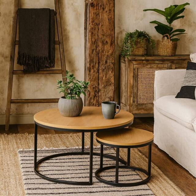 Wyld Haus Odense Wild Oak Effect Round Nesting Coffee Table Set Matte Black in Natural - image 1