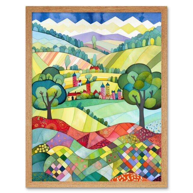 "Artery8 Wall Art Print English Countryside Rural Landscape Folk Art Watercolour Painting Art Framed in Light Oak - Size: W12"" x H16""" - image 1