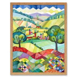 "Artery8 Wall Art Print English Countryside Rural Landscape Folk Art Watercolour Painting Art Framed in Light Oak - Size: W12"" x H16""" - thumbnail 1