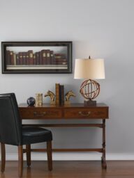 Loops Table Lamp Tilted Orb Design Dark Tan Linen Shade Firenze Gold LED E27 60W - thumbnail 2