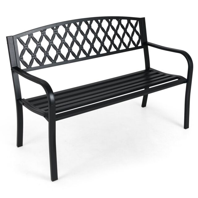 Gymax 2-Seater Garden Bench Heavy-Duty Metal Loveseat for 2-3 People-Black in Black