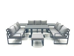 Fimous 10 Seater Garden Sofa Set Aluminium Furniture Rising Dining Tabe Set with 2 Side Tables Big Footstool Dark Grey - thumbnail 2