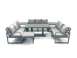 Fimous 10 Seater Garden Sofa Set Aluminium Furniture Rising Dining Tabe Set with 2 Side Tables Big Footstool Dark Grey - thumbnail 1