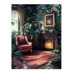 "Artery8 Plant Lover Cozy Fireplace Floral Tapestry Wall Art Print - Size: W24"" x H32"""