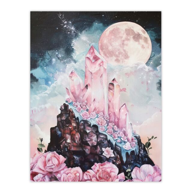 "Artery8 Rose Quartz Crystal Full Moon Fantasy Landscape Wall Art Print in Pink - Size: W12"" x H16""" - image 1