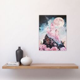 "Artery8 Rose Quartz Crystal Full Moon Fantasy Landscape Wall Art Print in Pink - Size: W12"" x H16""" - thumbnail 4