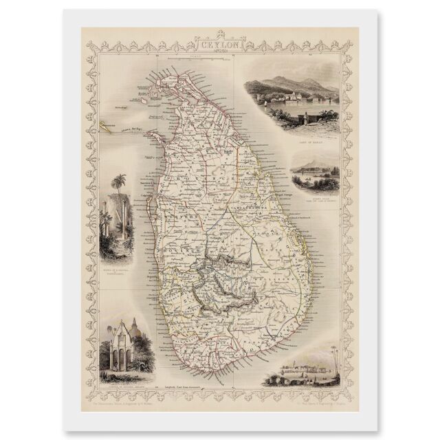 Artery8 Ceylon Sri Lanka Vintage Pictorial Map Artwork Framed Wall Art Print A4 in White - image 1