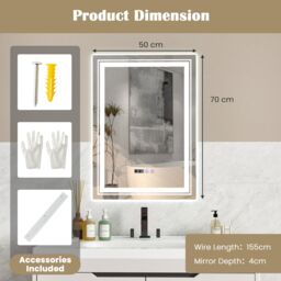 Costway Bathroom Led Vanity Mirror Dimmable Vanity Wall Mirror with 3 Colors 3000-6500K Anti-Fog in Silver - thumbnail 6