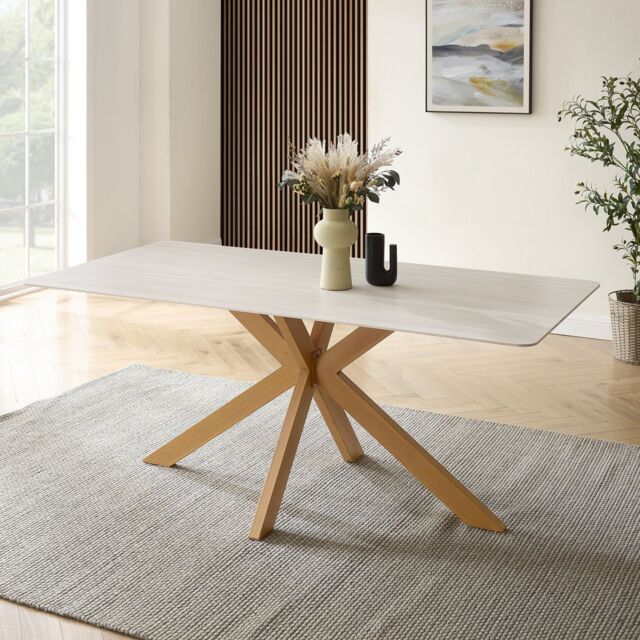 Modish Furnishing Athens White Ceramic Dining Table with Natural Wood Effect Base in Brown - image 1