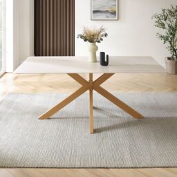 Modish Furnishing Athens White Ceramic Dining Table with Natural Wood Effect Base in Brown - thumbnail 3
