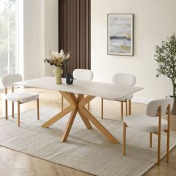 Modish Furnishing Athens White Ceramic Dining Table with Natural Wood Effect Base in Brown - thumbnail 2