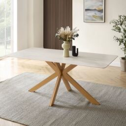 Modish Furnishing Athens White Ceramic Dining Table with Natural Wood Effect Base in Brown