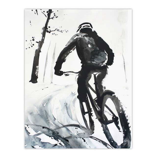 "Artery8 Abstract Mountain Biker Biking Winter Landscape Wall Art Print in Grey - Size: W18"" x H24""" - image 1