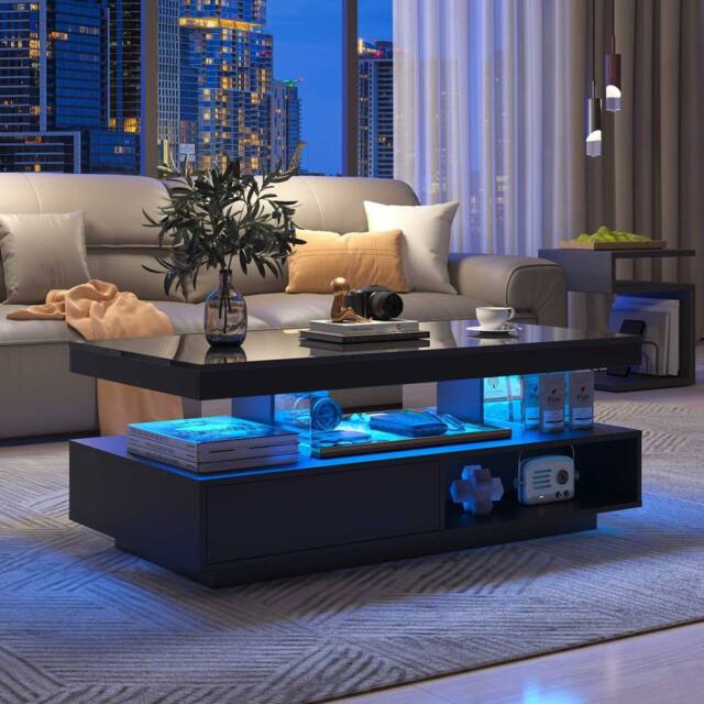 STILVORA Coffee Table with 2 Drawers & LED Lighting Black - image 1