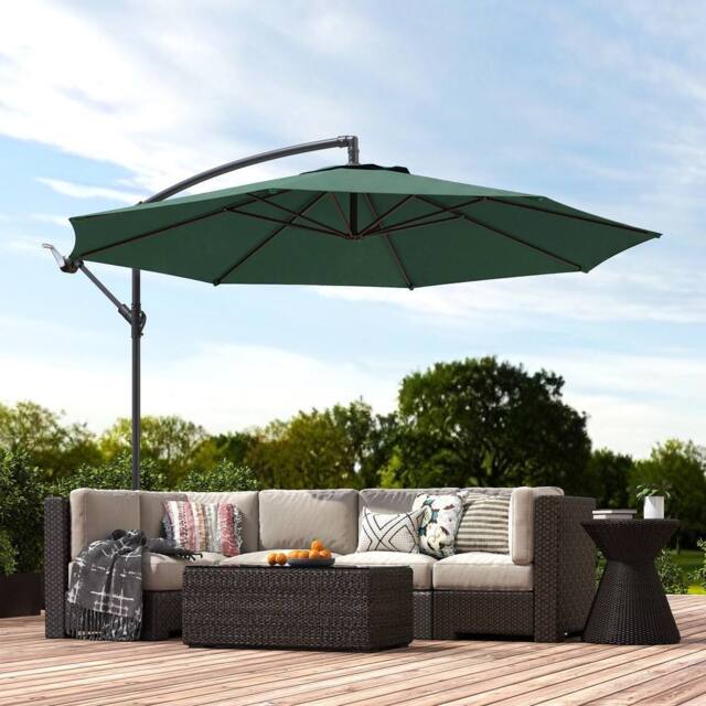 OUTSUNNY 3(m) Garden Banana Parasol Cantilever Umbrella w/ Base in Dark Green - Size: 3m x 3m
