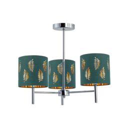 First Choice Lighting Brea - Chrome 3 Light Fitting with Dark Green Fern Shades in Silver