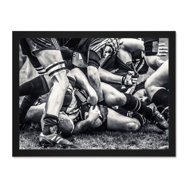 "Artery8 Wall Art Print Sport Rugby Football Close Up Scrum Players Ball Game Large Framed Wall Décor Art in Brown - Size: W18"" x H24""" - image 1