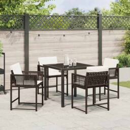 Berkfield Home 5 Piece Garden Dining Set with Cushions Brown Poly Rattan - thumbnail 4