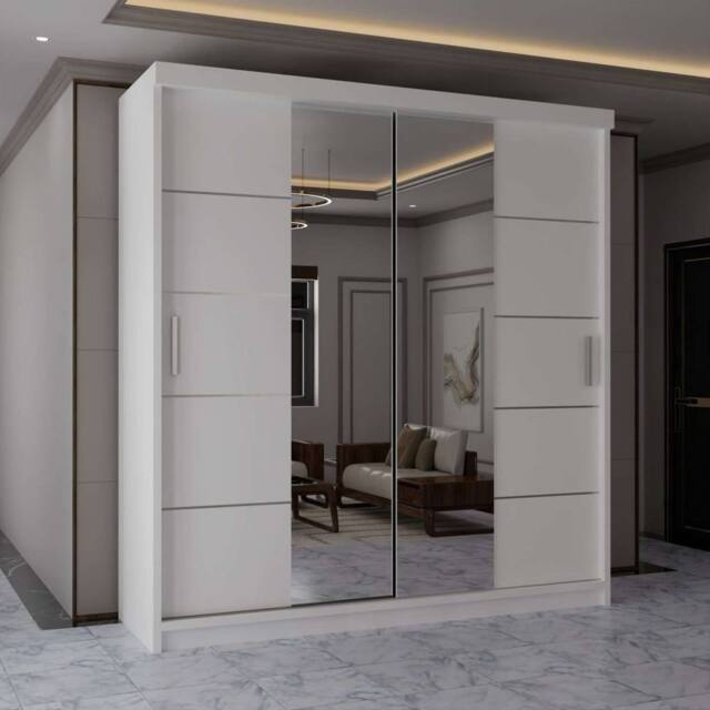 MN Furniture Wardrobe Modern Sliding Mirror Door - LED Light 180cm x 217cm in White - Size: 180 cm x 217 cm - image 1