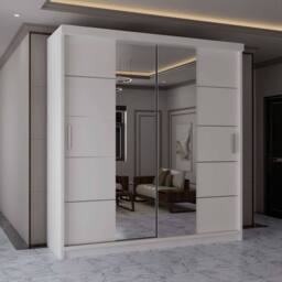 MN Furniture Wardrobe Modern Sliding Mirror Door - LED Light 180cm x 217cm in White - Size: 180 cm x 217 cm - thumbnail 1