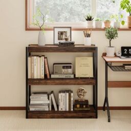 Costway 3 Tier Bookshelf Wooden Bookcase with Dual Anti-Tipping Kits Brown - thumbnail 4