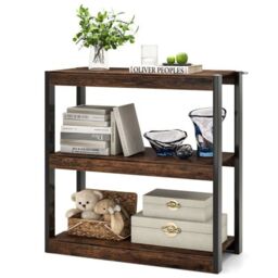 Costway 3 Tier Bookshelf Wooden Bookcase with Dual Anti-Tipping Kits Brown - thumbnail 1