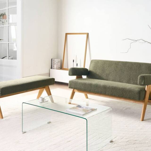 Wyld and Coco Asterra Boucle 2-Seater Sofa Set - Green with Light Brown Wooden Legs - image 1
