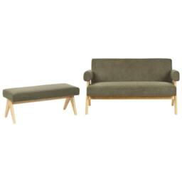 Wyld and Coco Asterra Boucle 2-Seater Sofa Set - Green with Light Brown Wooden Legs - thumbnail 3