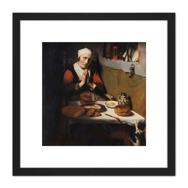 Artery8 Maes Old Woman Saying Grace The Prayer Without End 8X8 Inch Square Wooden Framed Wall Art Print Picture with Mount in Black - image 1