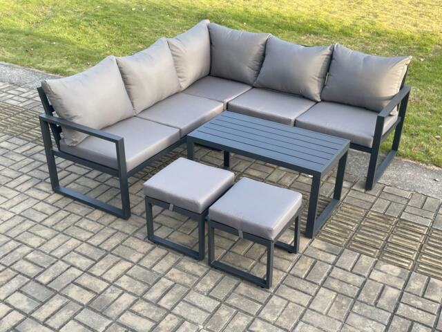 Aluminium Outdoor Garden Furniture Set Lounge Sofa Coffee Table Sets with 2 Small Footstools Indoor Conservatory Set Dark Grey - image 1
