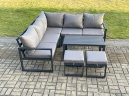Aluminium Outdoor Garden Furniture Set Lounge Sofa Coffee Table Sets with 2 Small Footstools Indoor Conservatory Set Dark Grey - thumbnail 3
