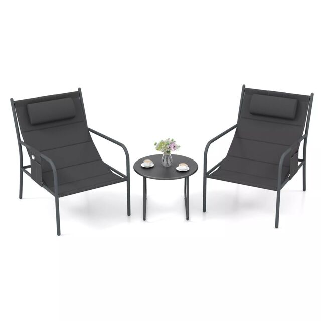 Costway 3 Piece Outdoor Bistro Set Patio Metal Chair & Coffee Table Set in Grey - image 1