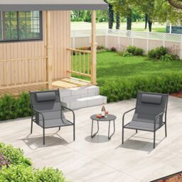 Costway 3 Piece Outdoor Bistro Set Patio Metal Chair & Coffee Table Set in Grey - thumbnail 3