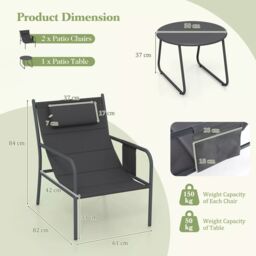 Costway 3 Piece Outdoor Bistro Set Patio Metal Chair & Coffee Table Set in Grey - thumbnail 2