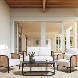Wyld and Coco Garden Sofa Set - Black Aluminium Frame Off-White Cushions in White