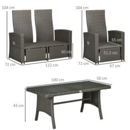OUTSUNNY 4 Piece Rattan Garden Furniture Set with Sofa, Glass Table in Grey - thumbnail 3