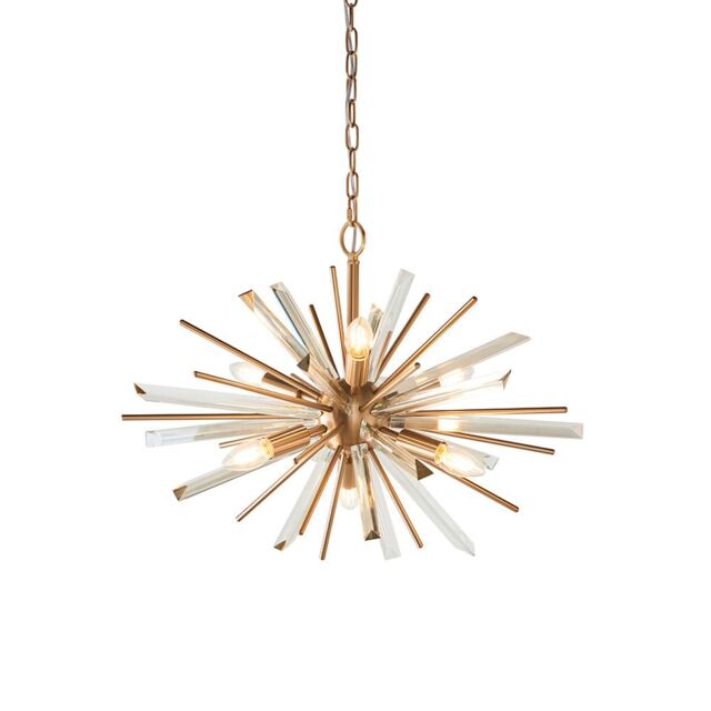 Loops Large Antique Brass Ceiling Pendant Light - 6 Bulb Hanging Fitting - Prism Glass in Clear - image 1