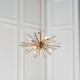Loops Large Antique Brass Ceiling Pendant Light - 6 Bulb Hanging Fitting - Prism Glass in Clear - thumbnail 3