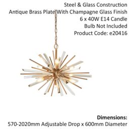 Loops Large Antique Brass Ceiling Pendant Light - 6 Bulb Hanging Fitting - Prism Glass in Clear - thumbnail 2