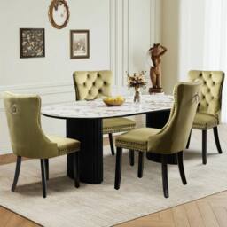 HomeTouch Romsey Set of 6 Velvet Upholstered Dining Chairs with Oak Legs & Knocker Ring Back in Green - Size: 6 Pack - thumbnail 3